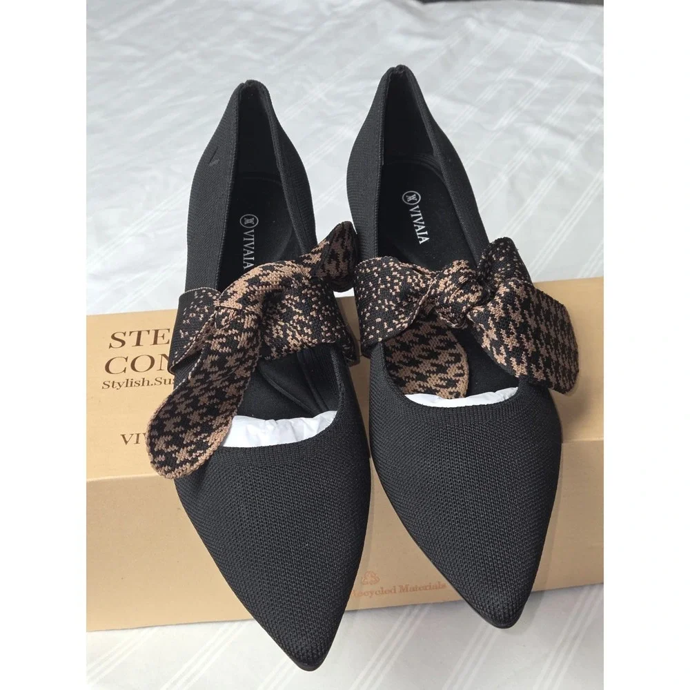 Vivaia Pointed-Toe Block Heel Mary Jane Knit Pumps Houndstooth Bow Size 7.5 EU38